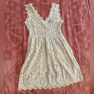 Greylin Sheer Ivory Lace Deep V Neck & Back Dress